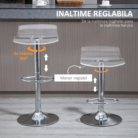 Set 2 Scaune de Bar cu inaltime Reglabila, sezut Rotativ si Suport pentru Picioare, 39x39x67-87 cm, Transparent [4]