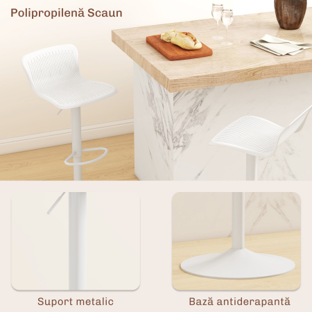  Set 2 Scaune de Bar cu Spatar Ergonomic,  Suport pentru Picioare si sezut Rotativ, 38,5x40x76,5-97,5 cm, Alb [4]