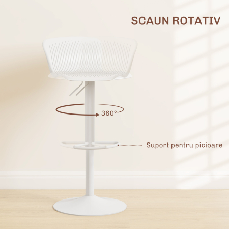  Set 2 Scaune de Bar cu Spatar Ergonomic,  Suport pentru Picioare si sezut Rotativ, 38,5x40x76,5-97,5 cm, Alb [5]