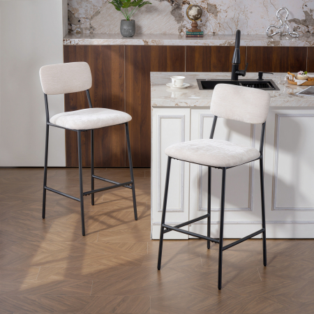  Set 2 Scaune de Bar cu Spatar inalt, Suport pentru Picioare si Tapiterie din Chenille, Crem [1]