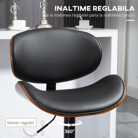  Set 2 Scaune de Bar cu Spatar Reglabile pe inaltime, Lemn si Piele Ecologica, 53x52x92-112 cm, Negru [4]