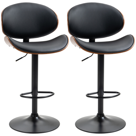 Bucatarie -  Set 2 Scaune de Bar cu Spatar Reglabile pe inaltime, Lemn si Piele Ecologica, 53x52x92-112 cm, Negru