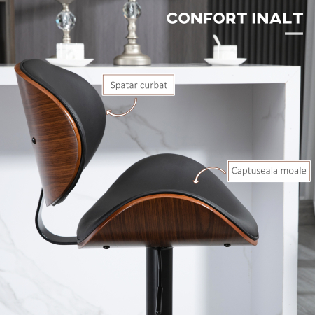  Set 2 Scaune de Bar cu Spatar Reglabile pe inaltime, Lemn si Piele Ecologica, 53x52x92-112 cm, Negru [5]