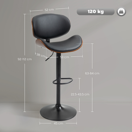  Set 2 Scaune de Bar cu Spatar Reglabile pe inaltime, Lemn si Piele Ecologica, 53x52x92-112 cm, Negru [2]