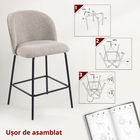  Set 2 Scaune de Bar cu Spatar si Suport pentru Picioare, Acoperire din Material Textil si Picioare din Otel, Gri [3]
