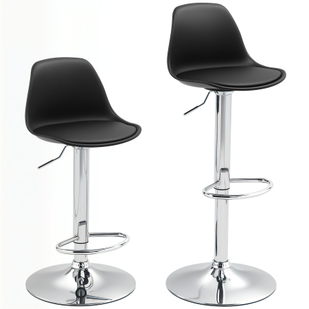 Scaune bucatarie & living -  Set 2 Scaune de Bar cu Spatar si Suport pentru Picioare, din PP, Piele PU si Otel, 38x42x82-104 cm, Negru