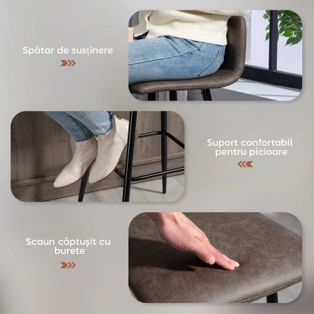  Set 2 Scaune de Bar cu Spatar si Suport pentru Picioare din PU si Otel Maro [4]