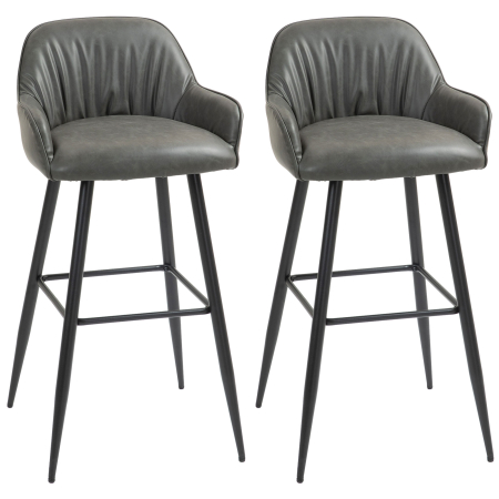 Scaune bucatarie & living -  Set 2 Scaune de Bar din Piele Ecologica PU, Scaune inalte cu Suport pentru Picioare, 52x53x99 cm, Gri inchis