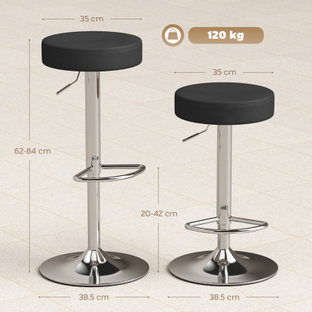  Set 2 Scaune de Bar Moderne si Reglabile, din Piele PU, Spuma si Metal, 38.5x38.5x62-84 cm, Negru [2]