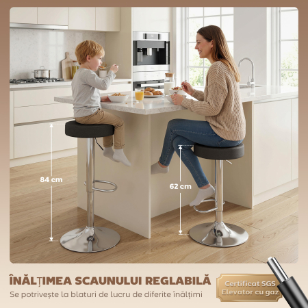  Set 2 Scaune de Bar Moderne si Reglabile, din Piele PU, Spuma si Metal, 38.5x38.5x62-84 cm, Negru [3]