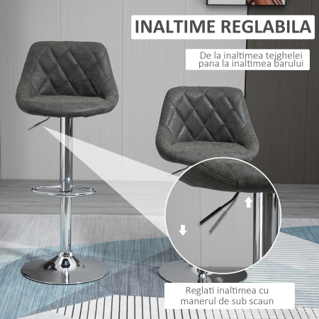 Set 2 Scaune de Bar Pivotante Reglabile in Inaltime din Imitatie de Piele Gri [4]