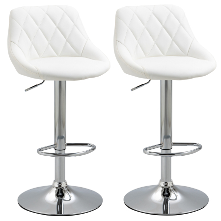 Scaune bucatarie & living -  Set 2 Scaune de Bar Pivotante si Reglabile pentru bucatarii si baruri, din Piele Ecologica, cu Cusaturi Diamant, 51.5x48x83-104cm, Alba