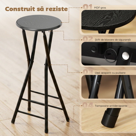  Set 2 Scaune de Bar Pliabile cu Suport Dublu pentru Picioare, din Lemn si Otel, 34x30x70 cm, Negru [4]