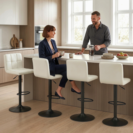  Set 2 Scaune de Bar Reglabile cu Suport pentru Picioare, din Piele PU si Otel, 39,5x44x88-110 cm, Crem [8]