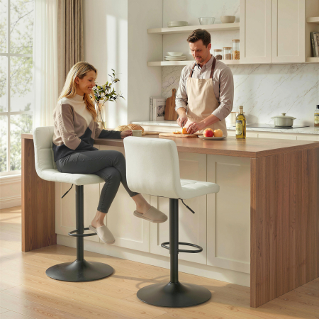  Set 2 Scaune de Bar Reglabile cu Suport pentru Picioare, din Piele PU si Otel, 39,5x44x88-110 cm, Crem [1]