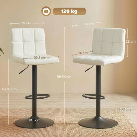  Set 2 Scaune de Bar Reglabile cu Suport pentru Picioare, din Piele PU si Otel, 39,5x44x88-110 cm, Crem [2]