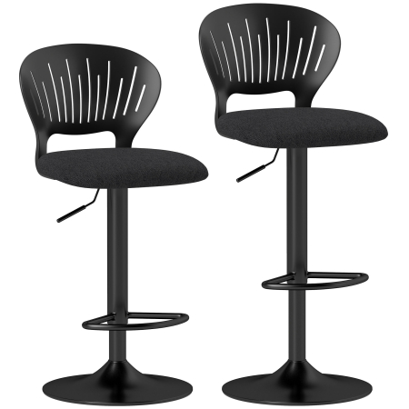 Scaune bucatarie & living -  Set 2 Scaune de Bar Reglabile, Scaune de Bucatarie inalte din Material Textil cu Efect de In cu Spatar, Suport pentru Picioare si sezut Moale, Cadru Metalic, Scaune Rotative la 360°, Negru