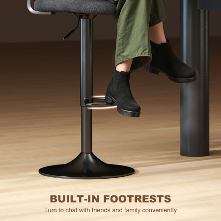  Set 2 Scaune de Bar Reglabile, Scaune de Bucatarie inalte din Material Textil cu Efect de In cu Spatar, Suport pentru Picioare si sezut Moale, Cadru Metalic, Scaune Rotative la 360°, Negru [7]