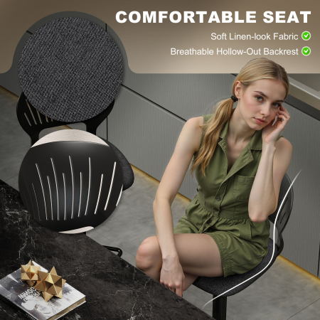  Set 2 Scaune de Bar Reglabile, Scaune de Bucatarie inalte din Material Textil cu Efect de In cu Spatar, Suport pentru Picioare si sezut Moale, Cadru Metalic, Scaune Rotative la 360°, Negru [3]