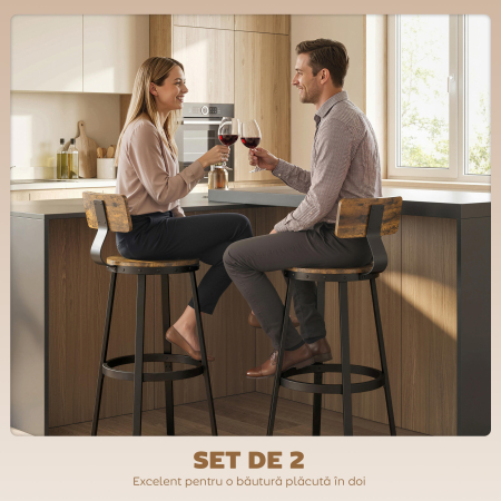  Set 2 Scaune de Bar, sezuturi Rustice cu Spatar si Suport pentru Picioare, Maro Rustic [4]