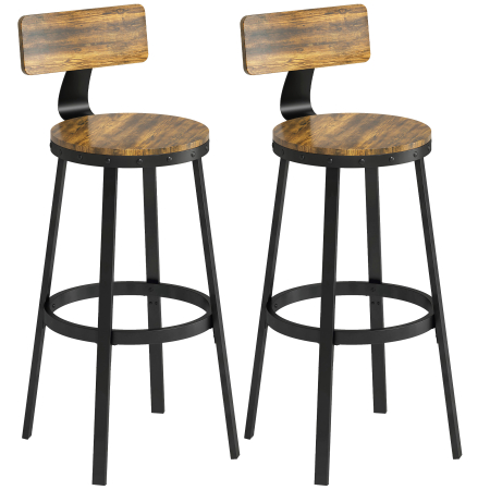 Bucatarie -  Set 2 Scaune de Bar, sezuturi Rustice cu Spatar si Suport pentru Picioare, Maro Rustic
