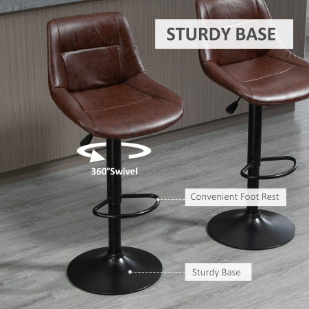  Set 2 Scaune de Bar Vintage din Piele Sintetica Maro cu Suport pentru Picioare si Baza Rotunda, 46,5x50x88-108 cm [4]