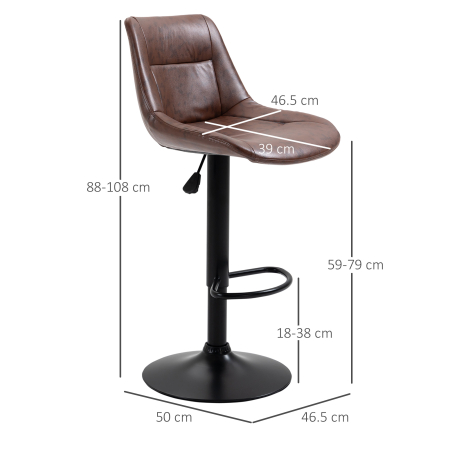  Set 2 Scaune de Bar Vintage din Piele Sintetica Maro cu Suport pentru Picioare si Baza Rotunda, 46,5x50x88-108 cm [2]