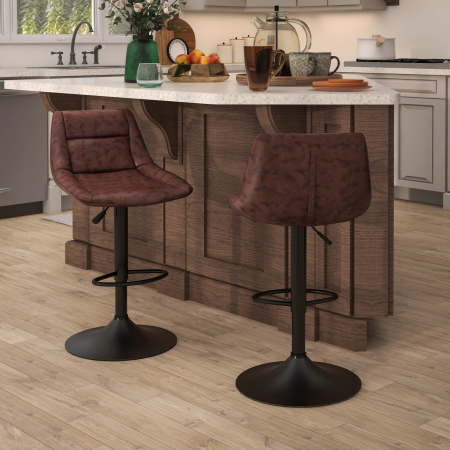  Set 2 Scaune de Bar Vintage din Piele Sintetica Maro cu Suport pentru Picioare si Baza Rotunda, 46,5x50x88-108 cm [6]