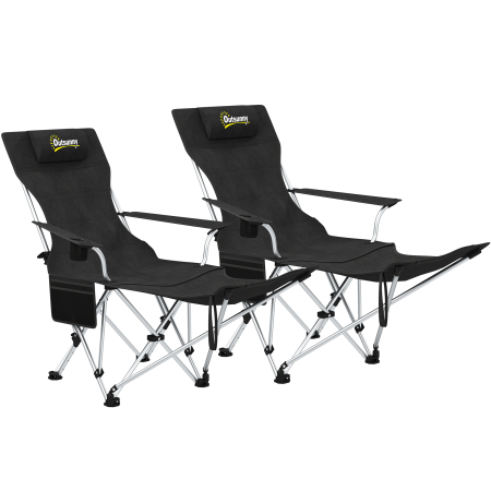 Prelate, pavilioane, umbrele terasa -  Set 2 Scaune de Camping Pliabile cu Suport pentru Picioare Detasabil si Suport pentru pahare, 82x50/100x88 cm, Negru