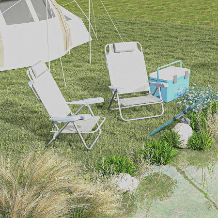  Set 2 Scaune de Camping Pliabile cu Tetiera Captusita si Spatar Reglabil in 6 Pozitii, 62x65x80 cm, Gri Deschis [1]