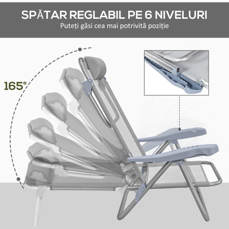  Set 2 Scaune de Camping Pliabile cu Tetiera Captusita si Spatar Reglabil in 6 Pozitii, 62x65x80 cm, Gri Deschis [4]
