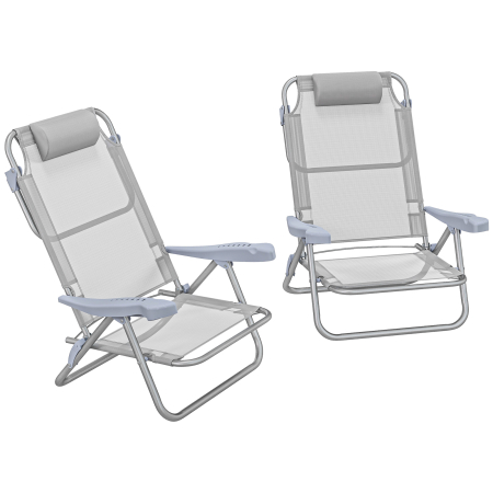  Set 2 Scaune de Camping Pliabile cu Tetiera Captusita si Spatar Reglabil in 6 Pozitii, 62x65x80 cm, Gri Deschis [0]