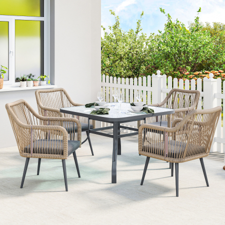  Set 2 Scaune de Gradina din Ratan PE cu Perne Moi Lavabile si Brate, Scaune pentru Dining Exterior din Otel, pentru Terasa, Balcon, Gradina, Exterior, 54x65x80cm, Gri inchis [7]