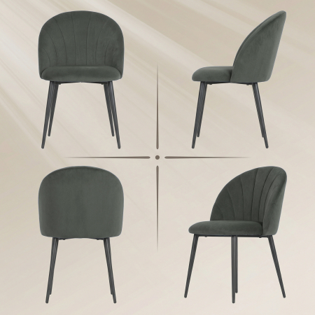  Set 2 Scaune de Sufragerie Tapitate cu Spatar Tip Scoica din Catifea, 52x55x79 cm, Gri [6]