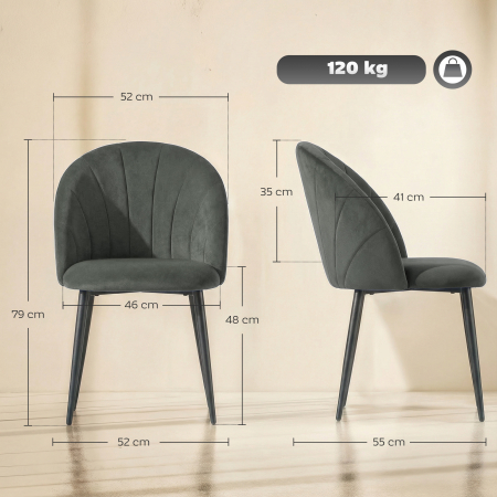  Set 2 Scaune de Sufragerie Tapitate cu Spatar Tip Scoica din Catifea, 52x55x79 cm, Gri [2]