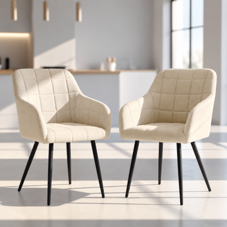 Set 2 scaune dining tapitate cu velur Luxano, cusaturi patrate, 54x58x82 cm, bej deschis [3]