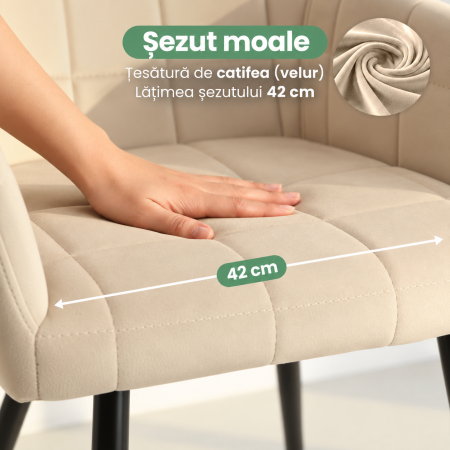Set 2 scaune dining tapitate cu velur Luxano, cusaturi patrate, 54x58x82 cm, bej deschis [6]