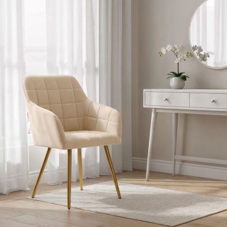 Set 2 scaune dining tapitate cu velur Luxano, cusaturi patrate, picioare aurii, 54x58x82 cm, bej [11]