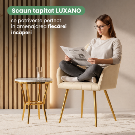 Set 2 scaune dining tapitate cu velur Luxano, cusaturi patrate, picioare aurii, 54x58x82 cm, bej [4]