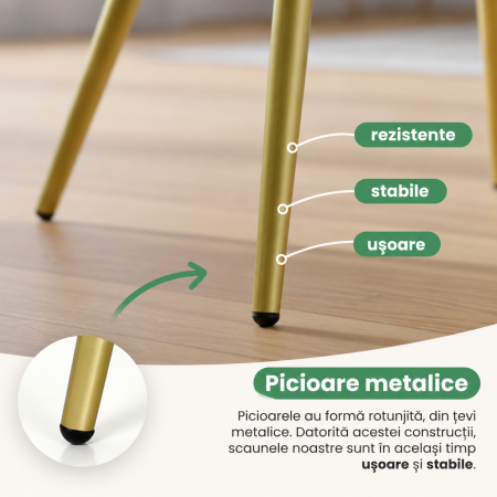 Set 2 scaune dining tapitate cu velur Luxano, cusaturi patrate, picioare aurii, 54x58x82 cm, bej [8]