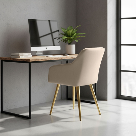 Set 2 scaune dining tapitate cu velur Luxano, cusaturi patrate, picioare aurii, 54x58x82 cm, bej [7]