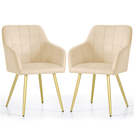 Bucatarie - Set 2 scaune dining tapitate cu velur Luxano, cusaturi patrate, picioare aurii, 54x58x82 cm, bej