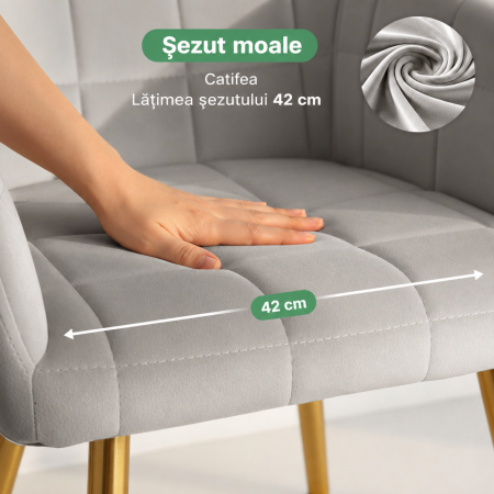 Set 2 scaune dining tapitate cu velur Luxano, cusaturi patrate, picioare aurii, 54x58x82 cm, gri [4]