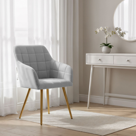 Set 2 scaune dining tapitate cu velur Luxano, cusaturi patrate, picioare aurii, 54x58x82 cm, gri [10]