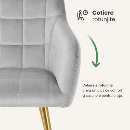 Set 2 scaune dining tapitate cu velur Luxano, cusaturi patrate, picioare aurii, 54x58x82 cm, gri [6]