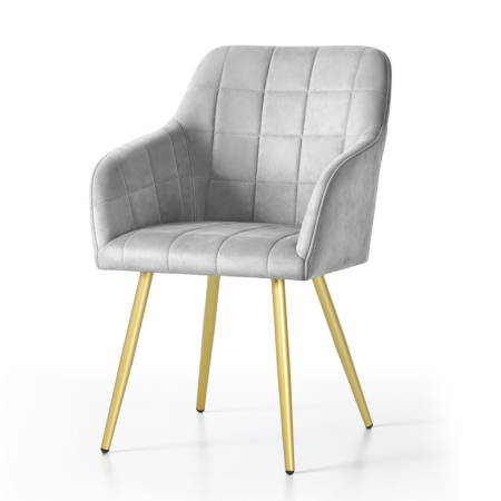 Set 2 scaune dining tapitate cu velur Luxano, cusaturi patrate, picioare aurii, 54x58x82 cm, gri [1]