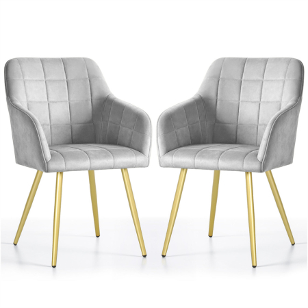 Bucatarie - Set 2 scaune dining tapitate cu velur Luxano, cusaturi patrate, picioare aurii, 54x58x82 cm, gri