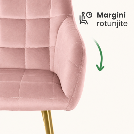 Set 2 scaune dining tapitate cu velur Luxano, cusaturi patrate, picioare aurii, 54x58x82 cm, roz [8]