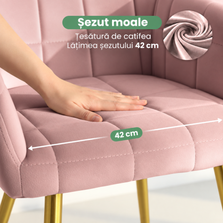 Set 2 scaune dining tapitate cu velur Luxano, cusaturi patrate, picioare aurii, 54x58x82 cm, roz [2]