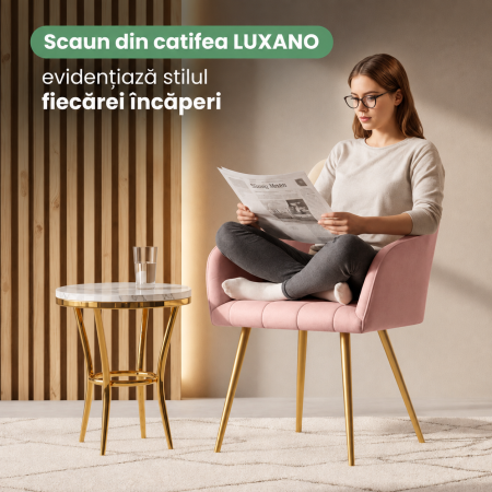 Set 2 scaune dining tapitate cu velur Luxano, cusaturi patrate, picioare aurii, 54x58x82 cm, roz [10]